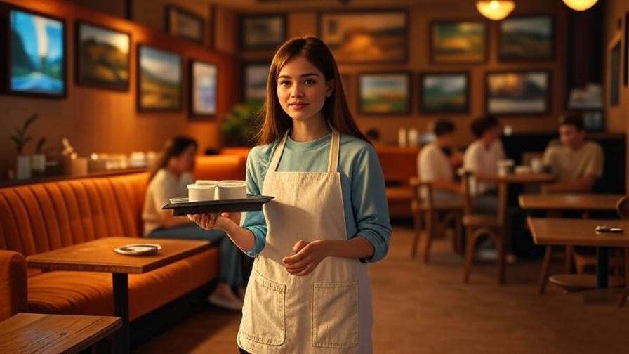 "Rachel Green as a waitress at Central Perk with orange couch and coffee tray in 90s sitcom style"