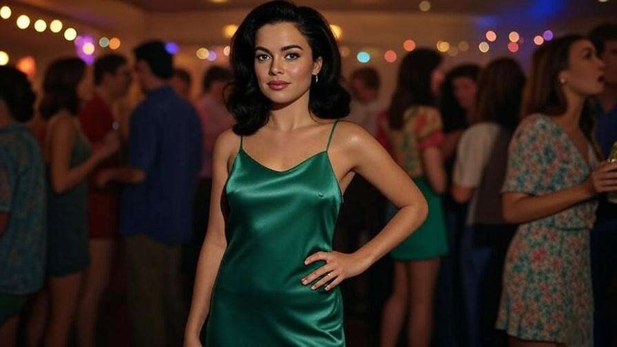 "Monica Geller in a jade green slip dress at a 90s party scene from Friends".