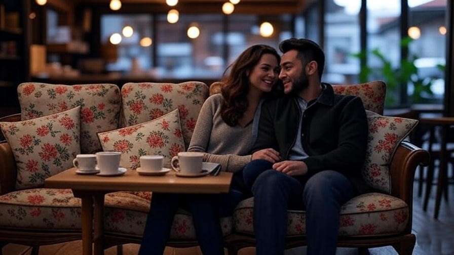 "Cozy Central Perk scene with Ross and Rachel sharing a romantic moment on a vintage couch."