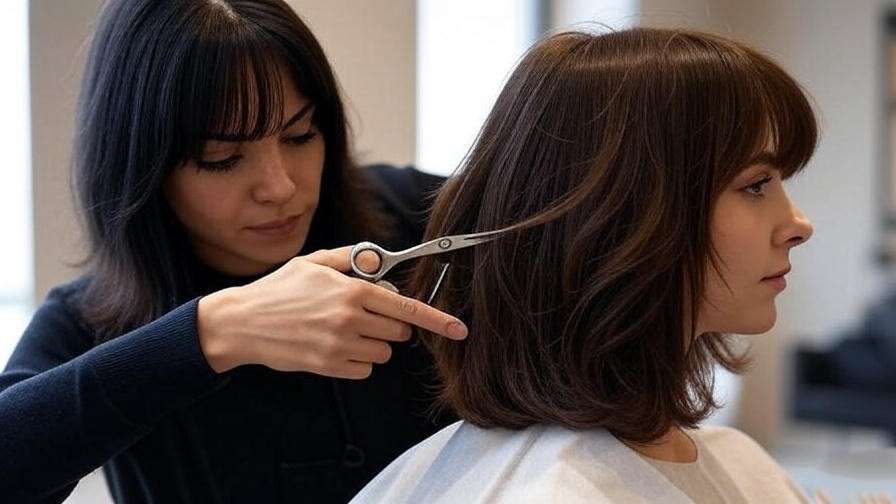 "Hairstylist cutting layered hair for Rachel haircut with precision shears in a modern salon."