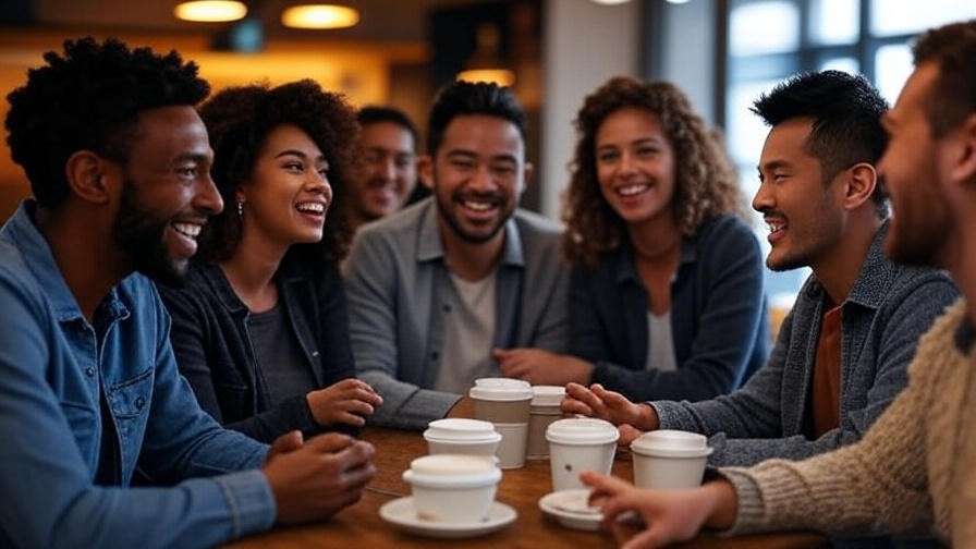 "Lively coffee shop scene with friends chatting, representing minor Friends flings."