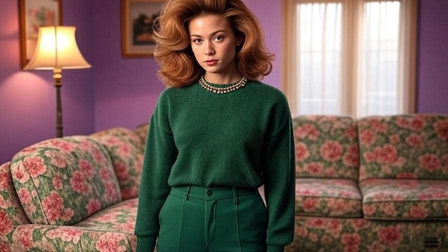 "Fan cosplay of Monica Geller’s green outfit from Friends in a nostalgic apartment setting".