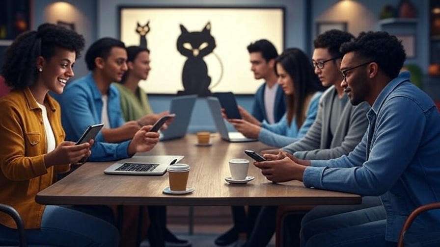 Vibrant digital community with people on laptops and phones, featuring Friends-inspired icons like coffee cup and Smelly Cat.