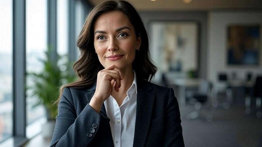 "Confident woman in a modern office reflecting Rachel’s career growth."