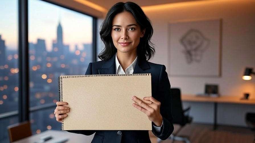 "Confident woman in a modern office with a fashion sketchbook, inspired by Rachel Green's career transition from Friends."