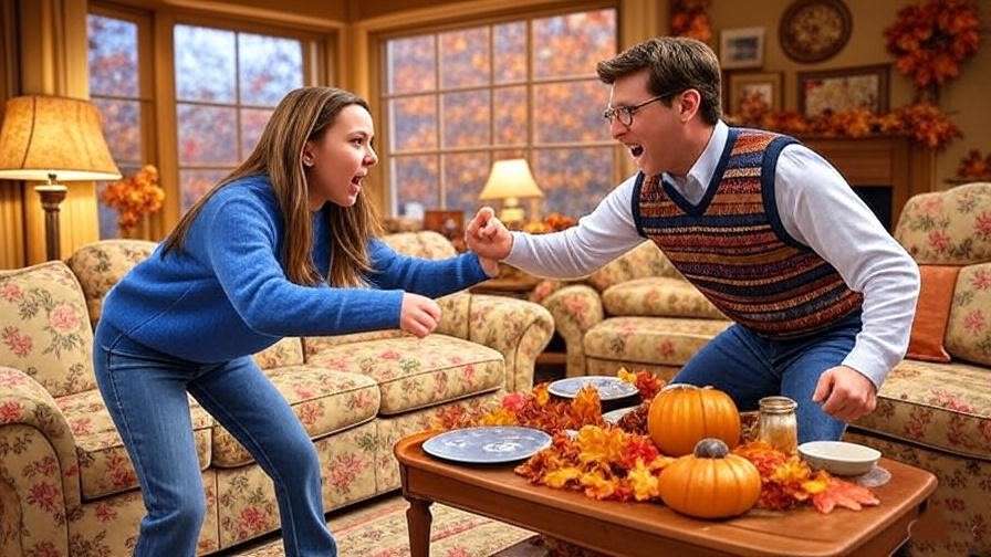 "Monica and Ross Geller playing a playful Thanksgiving football game in a nostalgic Friends TV series living room."