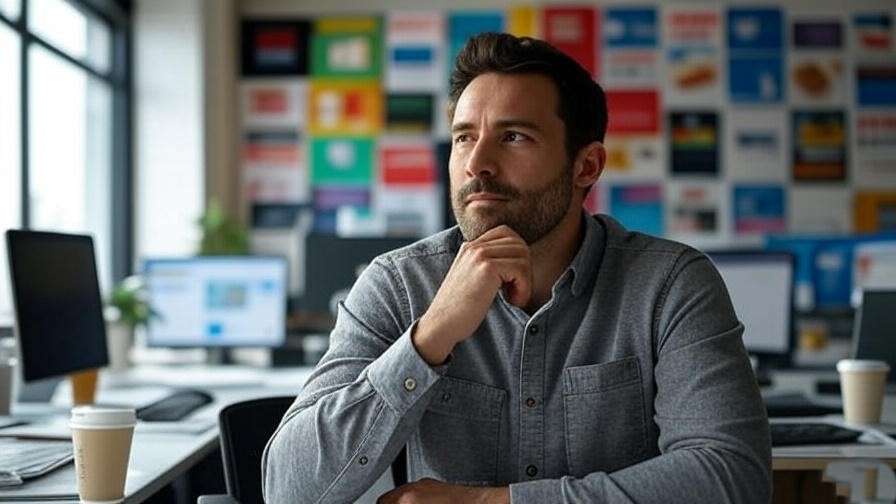 "Thoughtful man in a creative office with advertising boards, symbolizing Chandler Bing's career pivot from Friends."