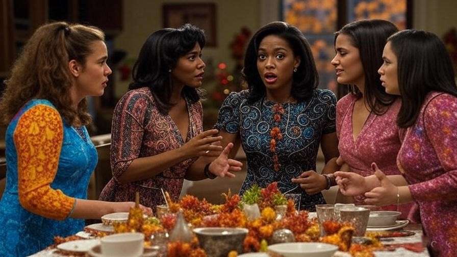 "Rachel Green mediating a funny Thanksgiving argument with sisters Jill and Amy in a Friends TV series apartment."