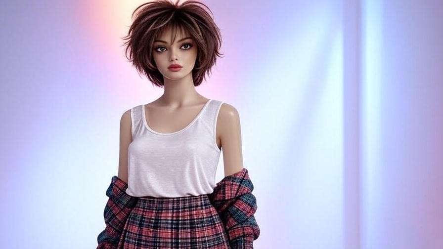"Mannequin with 90s fashion items like slip dress and plaid skirt, reflecting Rachel Green's iconic style from Friends."