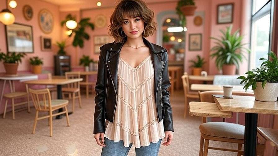 "Woman in Rachel Green-inspired slip dress and jeans in a 90s coffee shop setting".