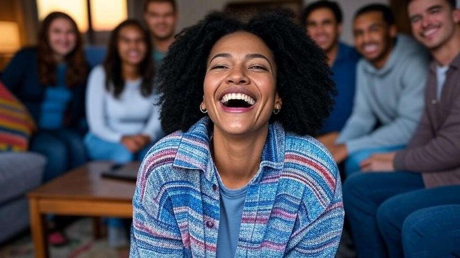 "Woman laughing with friends in a cozy 90s living room, depicting Rachel Green's bond with the Friends cast."