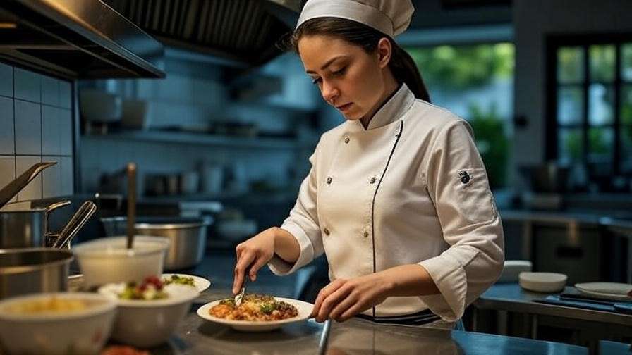 "Focused woman chef in a professional kitchen, representing Monica Geller's passion-driven career from Friends."
