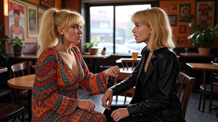 "Phoebe Buffay confronting her twin Ursula in a quirky Friends TV series coffee shop scene."