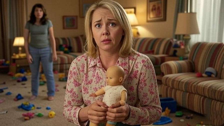 "Dr. Amy Green babysitting Emma with Rachel concerned, chaotic 90s Friends living room".
