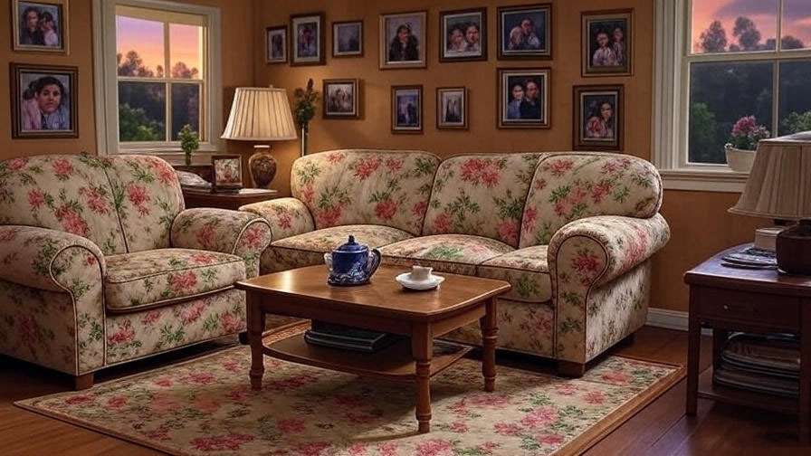 Cozy vintage living room with floral sofa and teapot, representing Judy Geller's family home in Friends.