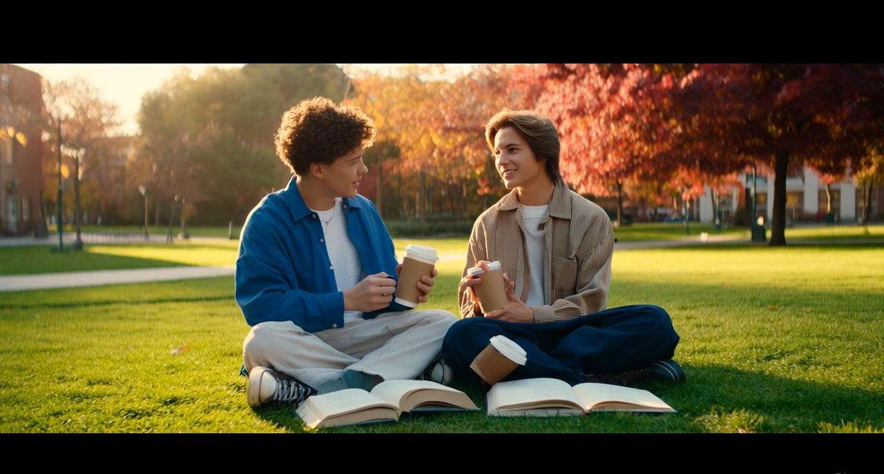 Young couple on college lawn representing Ross and Carol's early romance from Friends TV show