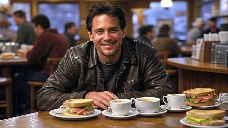 Joey Tribbiani sitting in a cozy coffee shop with sandwiches, capturing the nostalgic vibe of Friends.