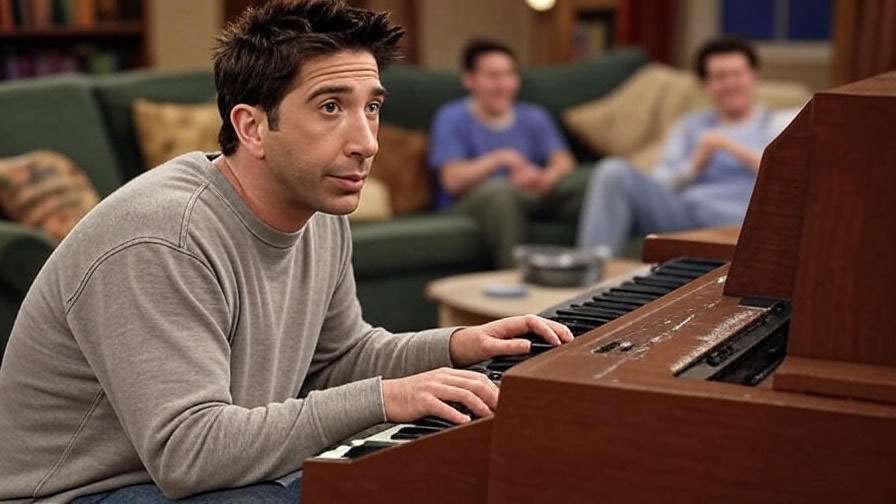 Friends Ross keyboard scene recap with Chandler and Joey reacting nostalgically.
