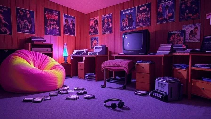 Nostalgic 1980s college dorm room with wood-paneled walls, neon beanbag, Walkman, cassette tapes, and retro posters, capturing the vibrant vibe of Friends' Ross and Chandler’s college years. 