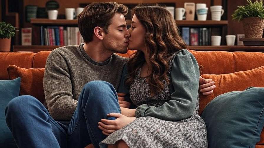 Ross and Rachel sharing their first kiss at Central Perk in Friends, nostalgic 90s sitcom scene.