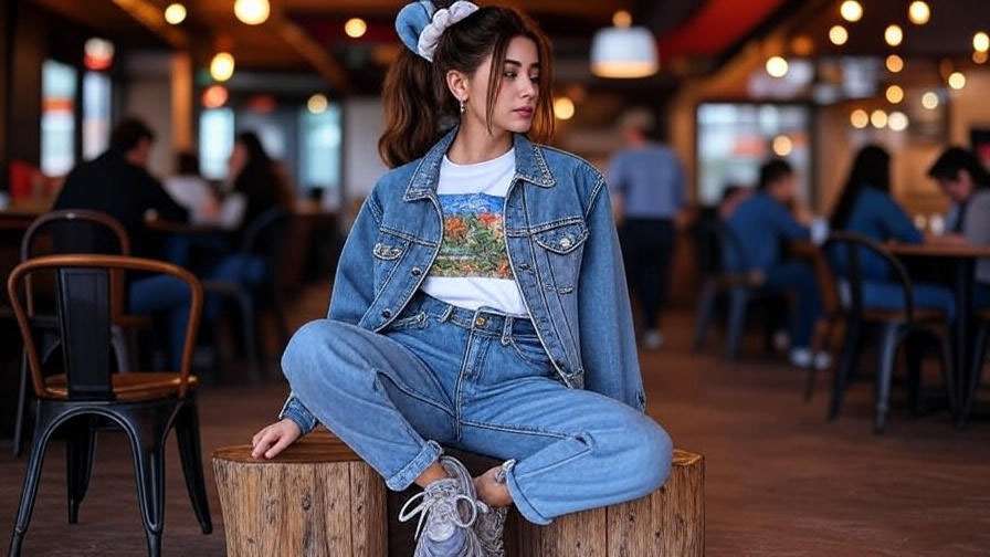 Woman in 90s-inspired outfit with mom jeans, graphic tee, and sneakers in a cozy coffee shop.
