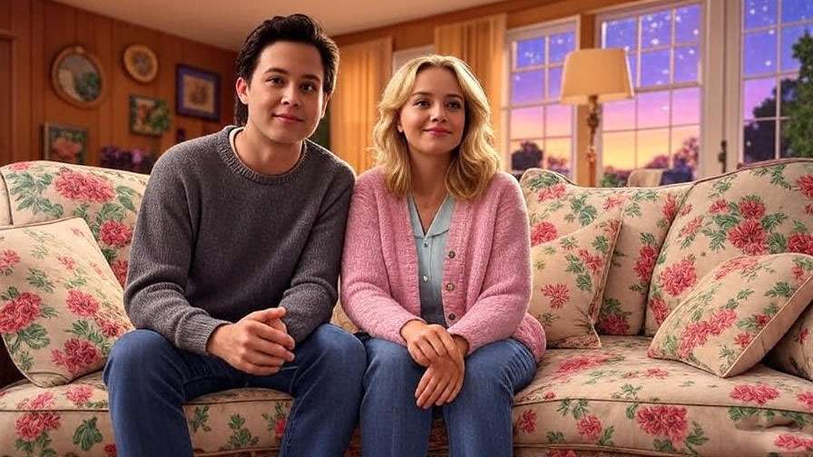 Ross Geller sitting with Carol Willick in a nostalgic 1990s Friends living room setting.