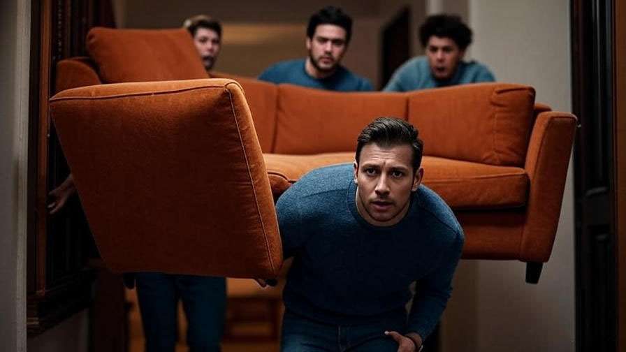 Man struggling to move couch with friends in a cozy apartment during the iconic pivot scene from Friends