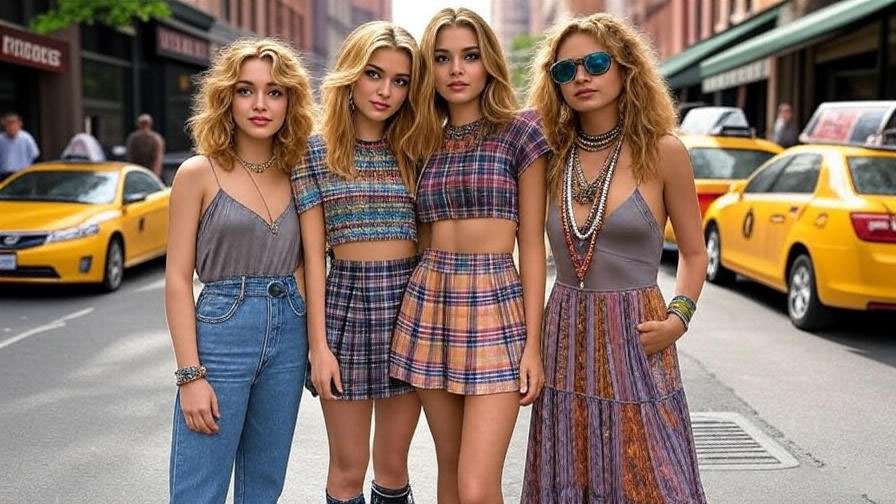 Iconic 90s fashion trends from Friends with plaid skirts, slip dresses, and boho maxi skirts in a New York City street setting