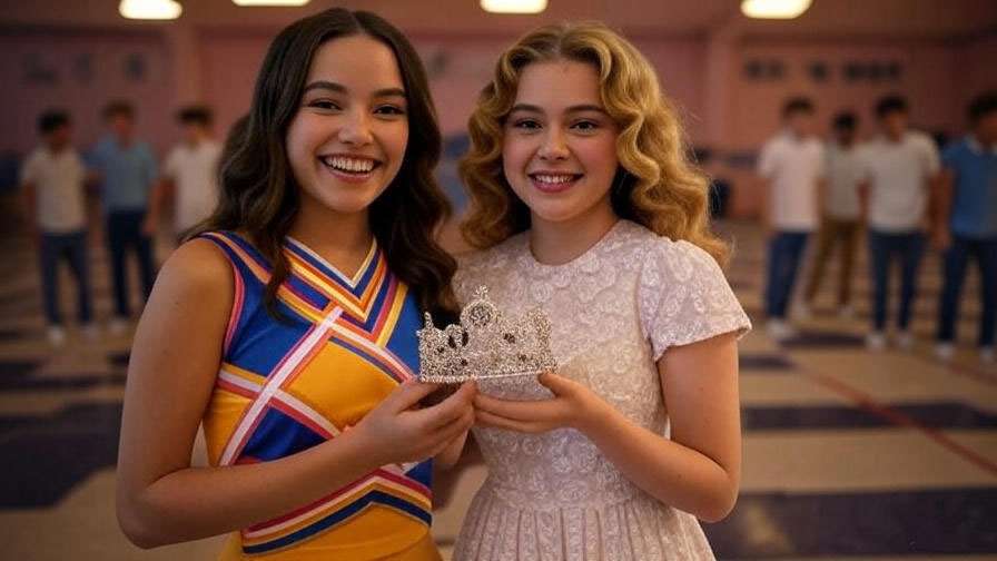 Nostalgic high school flashback of Rachel and Monica in a gym with cheerleader and prom crown