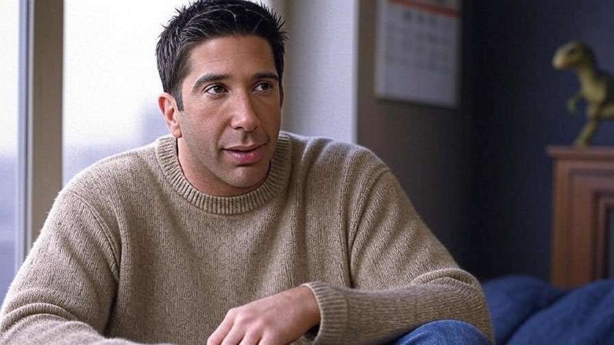 Ross Geller character analysis image showing his thoughtful birthday personality in Friends TV series. 