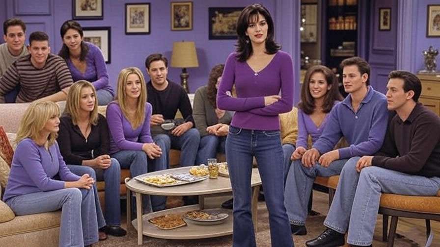 Monica Geller hosting friends in her iconic apartment from Friends TV show.