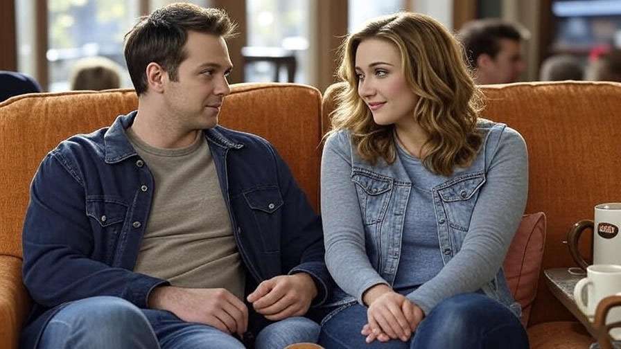 Ross and Rachel romantic moment on Friends orange couch 