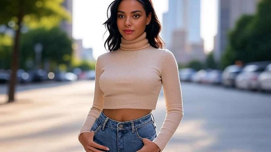 Woman in 90s high-waisted mom jeans and cropped turtleneck from Friends