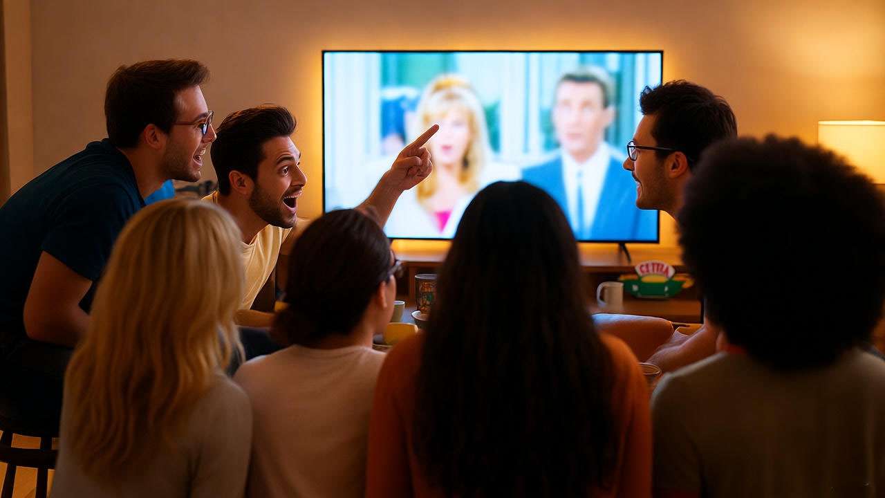  Fans watching Friends on TV with Central Perk memorabilia, excited community engagement. 