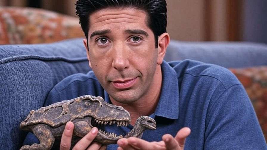Nostalgic Ross Geller quirky moments collage including Friends keyboard scene.
