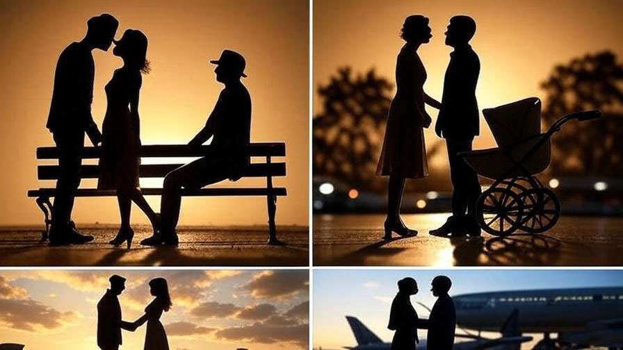 Timeline of Ross and Rachel's key milestones in Friends, vintage silhouette art.