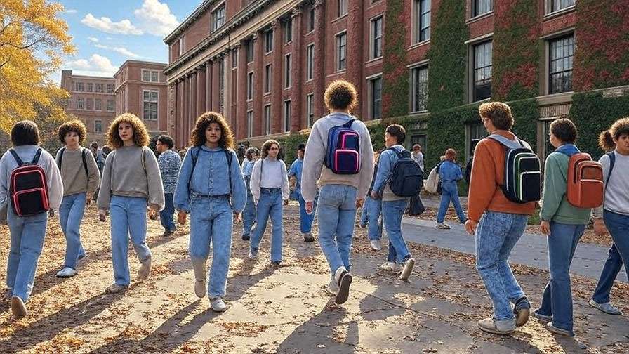 Vibrant 1980s Columbia University campus scene with ivy-covered buildings, students in retro fashion, and autumn leaves, evoking the college setting of Friends' Ross and Chandler. 