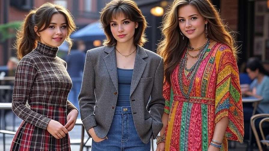 90s fashion icons from Friends featuring preppy, minimalistic, and bohemian styles in a New York City café setting