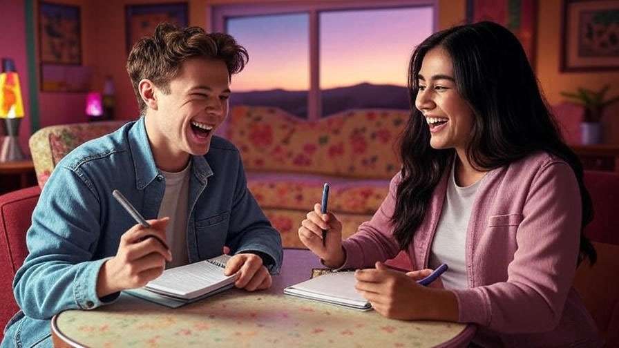 Two friends playing a trivia game in a lively 90s apartment, capturing Joey and Chandler's competitive bromance from Friends.