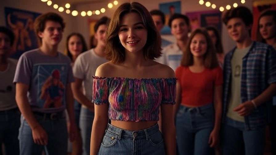  Young woman at a 1980s college party, depicting Rachel Green’s socialite college life.
