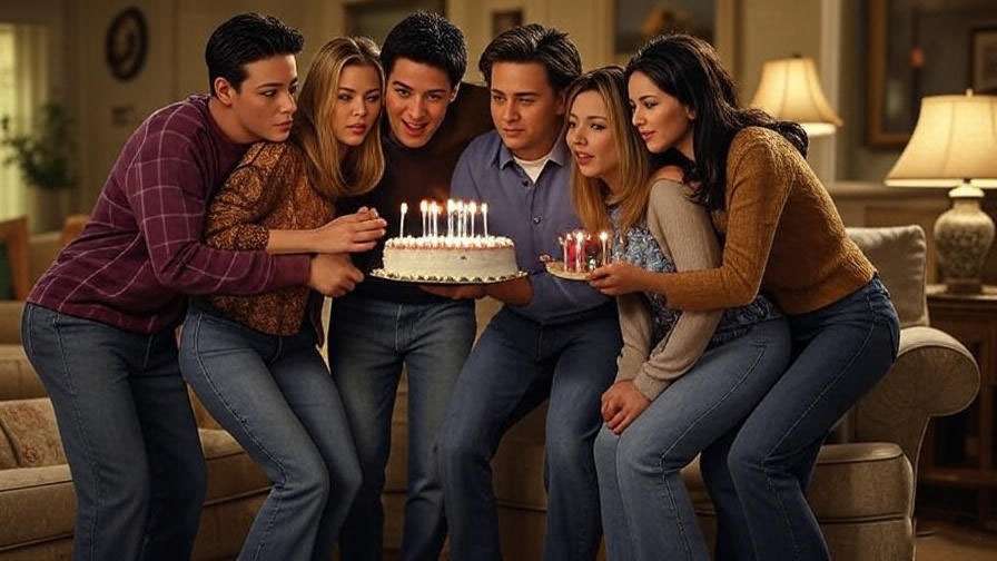 Nostalgic Friends birthday group scene illustrating the show's enduring emotional appeal and 90s vibes. 