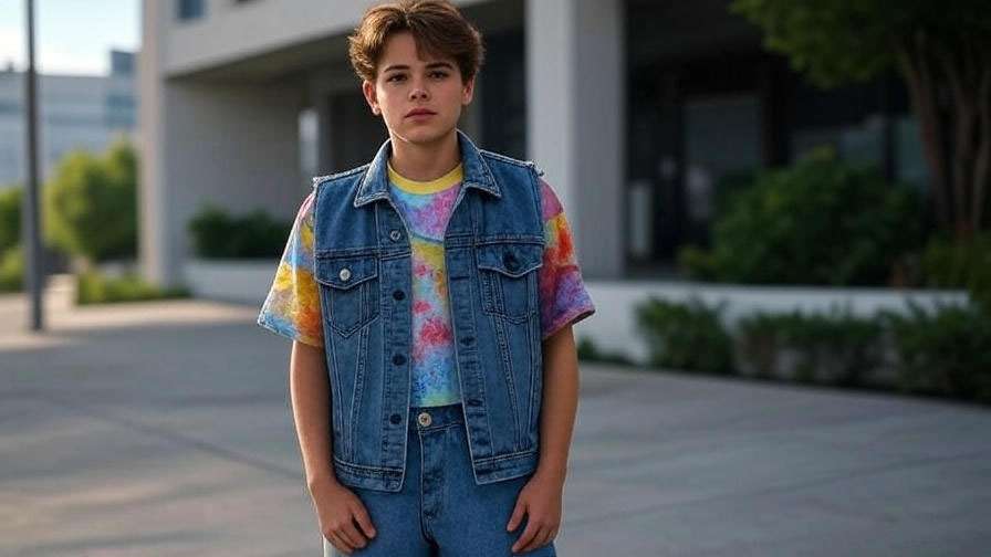 Person in 90s denim vest and jeans inspired by Friends TV show.