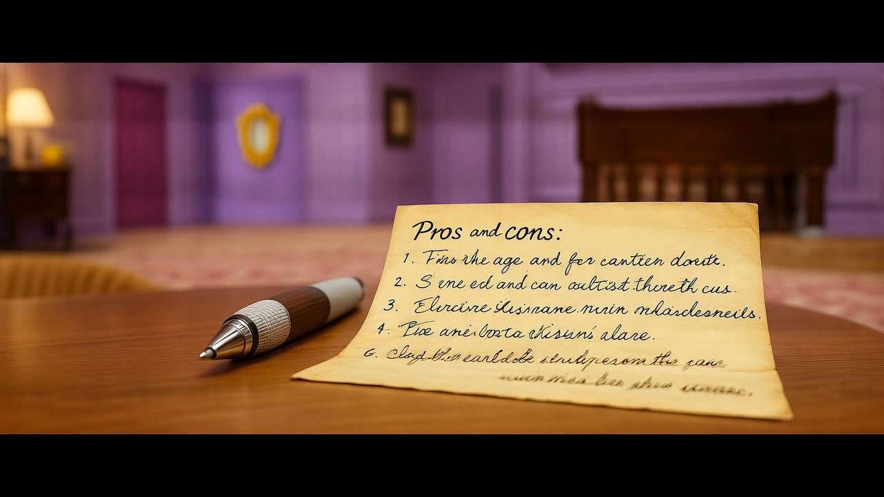  Handwritten pros-and-cons list with pen in Friends-style apartment, nostalgic retro setting. 