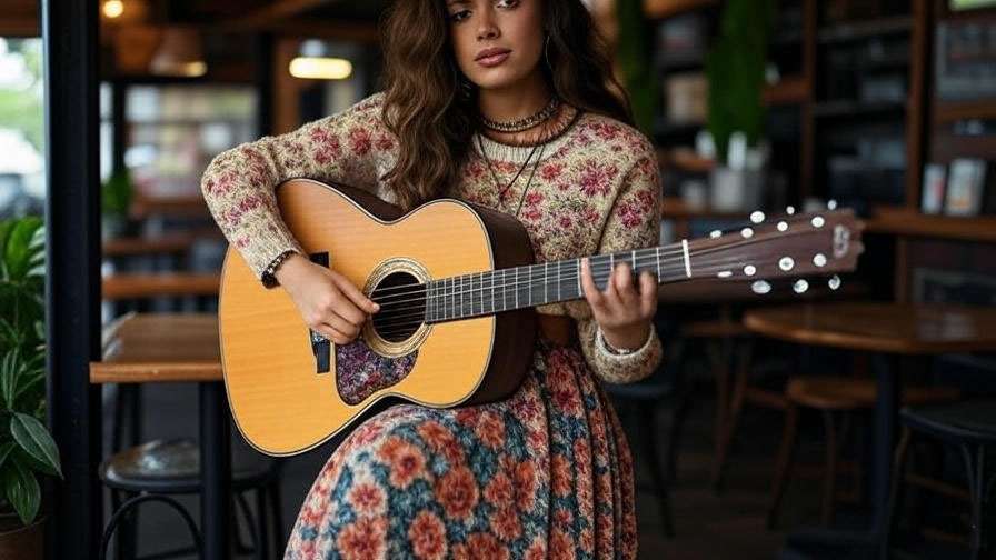 Bohemian person in floral maxi skirt and layered necklaces with guitar in a vintage coffee shop.