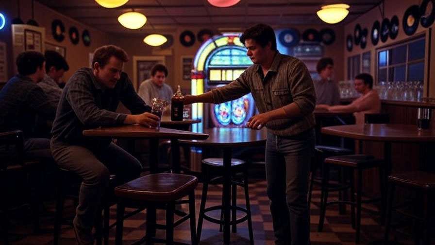 Nostalgic 1980s college bar with neon jukebox, wooden tables, and retro decor, inspired by Ross and Chandler’s flashback scenes in Friends. 