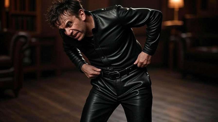 Man in leather pants awkwardly adjusting in a room during the funny Friends leather pants scene