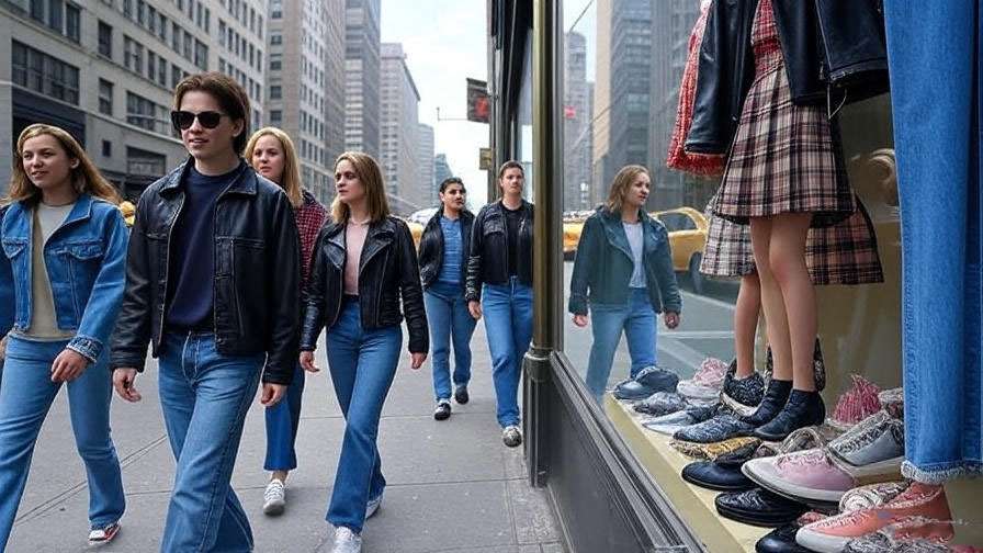 90s fashion retail display inspired by Friends with plaid skirts, mom jeans, and leather jackets in a New York City street