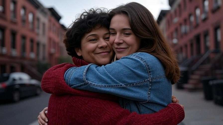 Two women embracing outside a New York apartment, representing Monica and Rachel’s college reunion.

