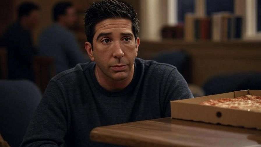 Ross Geller's emotional birthday pizza scene from Friends Season 1 Episode 4, highlighting vulnerability. 