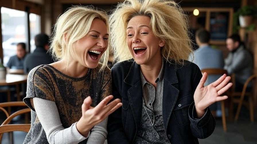Rachel with a British accent and Phoebe laughing in a Friends coffee shop.